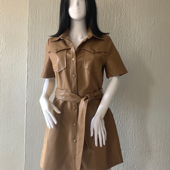 Moon River Beige Faux Leather Trench Mini Dress - Picture 2 of 7